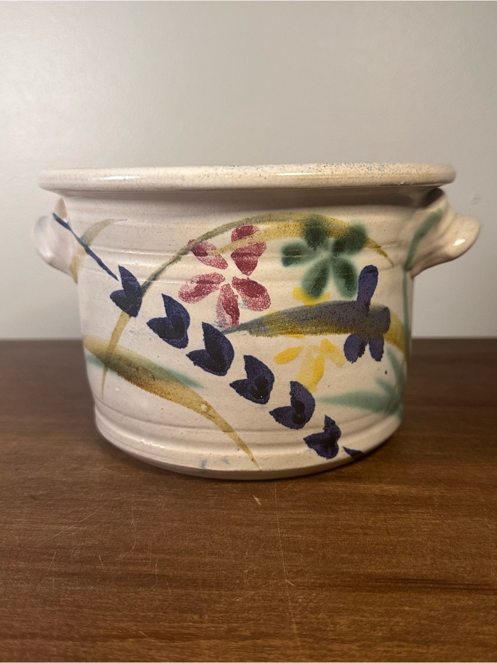 Handmade Pottery Crock Bowl Floral Print Side Handles Decor Art